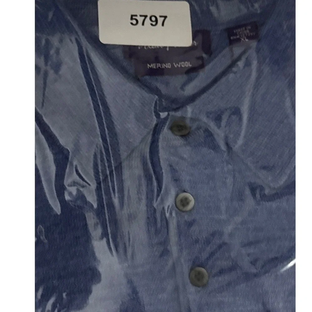 NWT Alan Flusser Polo Sweater‎ Mens XL Blue Merino Wool Long Sleeve Quiet Luxury